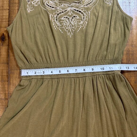 Boho Olive Green Embroidered Mini Dress - Sleeveless, Smocked Waist- M - Picture 8 of 11